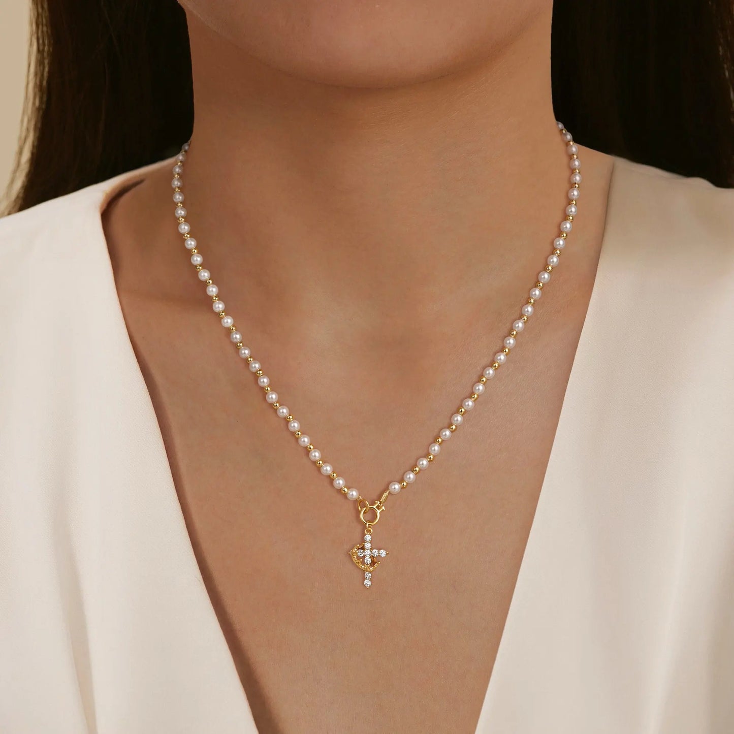 Eternal Crown & Cross Pearl Necklace