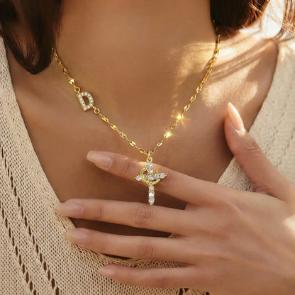 Initial Crown & Cross Necklace