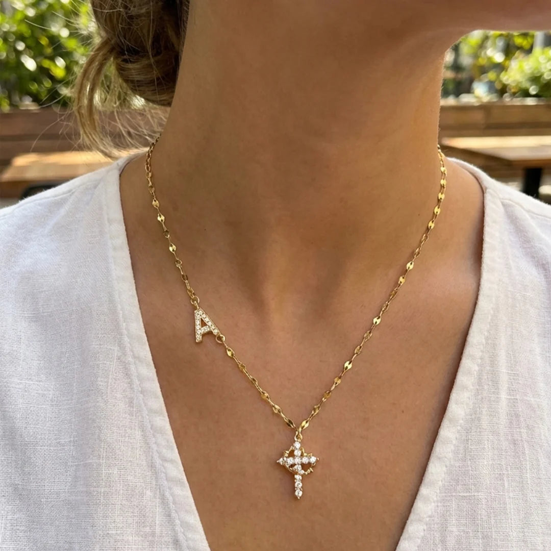 Initial Crown & Cross Necklace