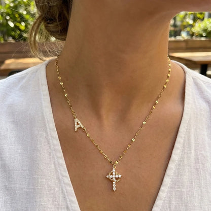 Initial Crown & Cross Necklace