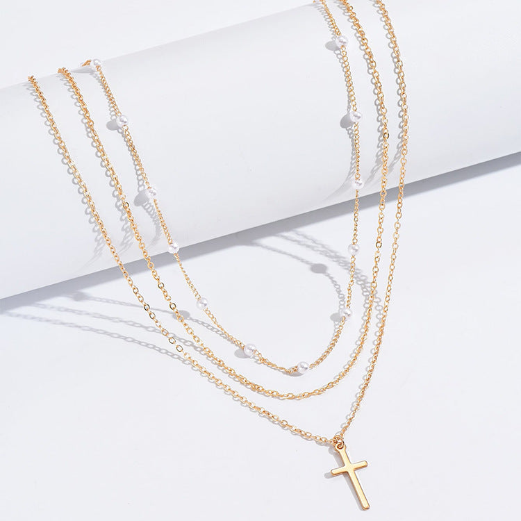 Triple Layer Pearl Cross Necklace