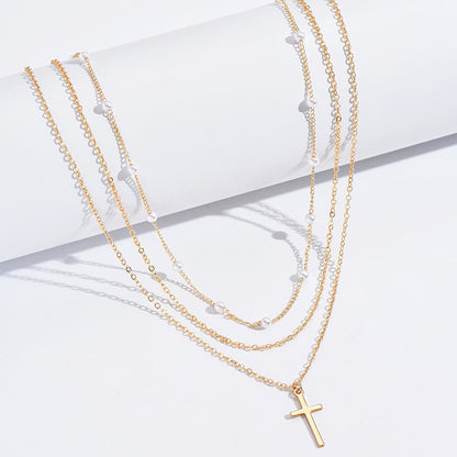 Triple Layer Pearl Cross Necklace
