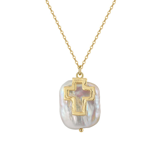 Genuine Pearl Cross Necklace