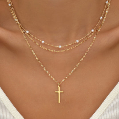 Triple Layer Pearl Cross Necklace